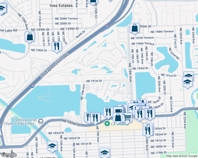 map of restaurants, bars, coffee shops, grocery stores, and more near 1501 Northeast 191st Street in North Miami Beach