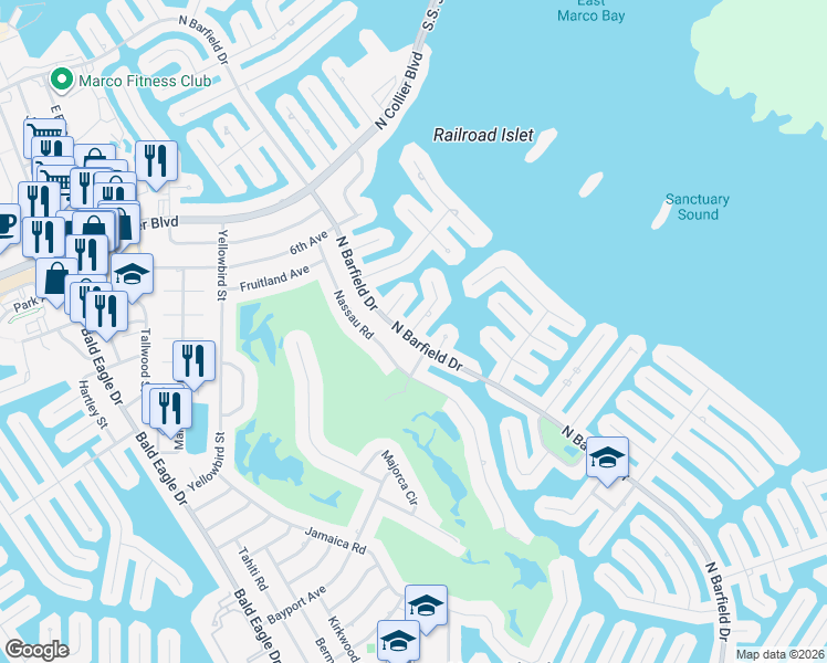 map of restaurants, bars, coffee shops, grocery stores, and more near 555 Goldcoast Court in Marco Island