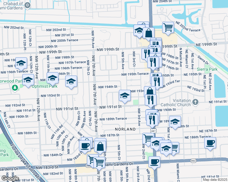 map of restaurants, bars, coffee shops, grocery stores, and more near 561 Northwest 193rd Street in Miami