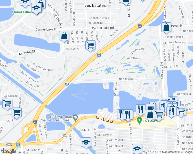 map of restaurants, bars, coffee shops, grocery stores, and more near 1201 Northeast 191st Street in North Miami Beach
