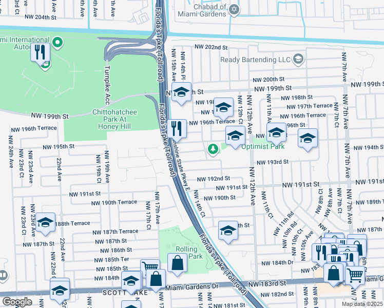 map of restaurants, bars, coffee shops, grocery stores, and more near 1440 Northwest 194th Street in Miami