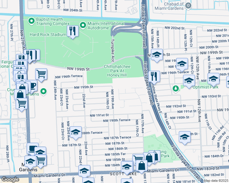 map of restaurants, bars, coffee shops, grocery stores, and more near 19401 Northwest 19th Avenue in Miami Gardens