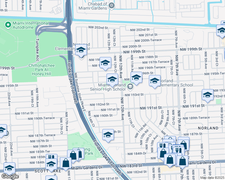 map of restaurants, bars, coffee shops, grocery stores, and more near 1235 Northwest 192nd Terrace in Miami