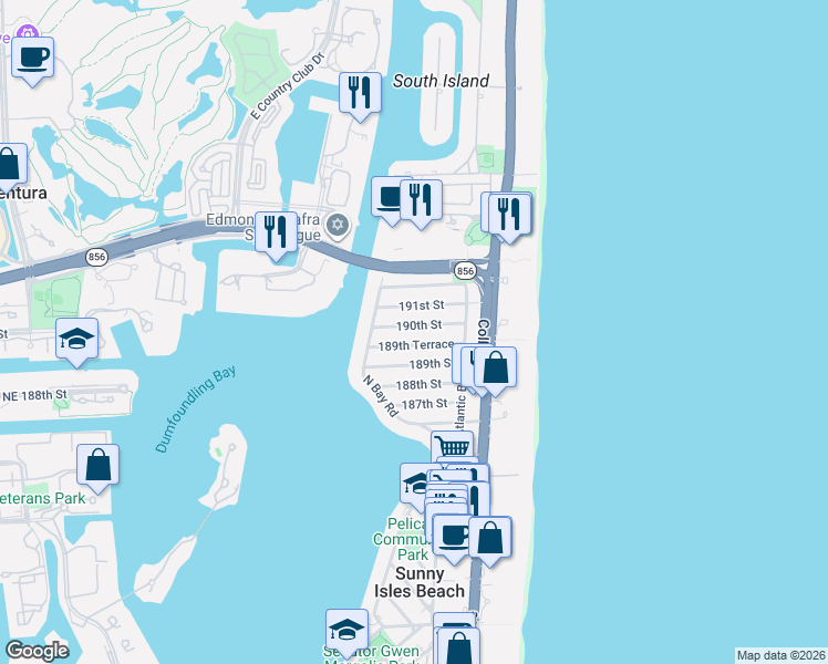map of restaurants, bars, coffee shops, grocery stores, and more near 310 190th Street in Sunny Isles Beach