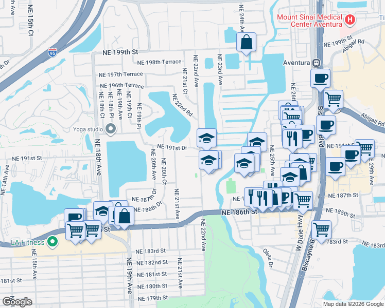 map of restaurants, bars, coffee shops, grocery stores, and more near 2181 Northeast 190th Terrace in North Miami Beach