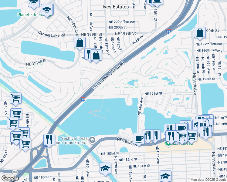 map of restaurants, bars, coffee shops, grocery stores, and more near 1201 Northeast 191st Street in North Miami Beach