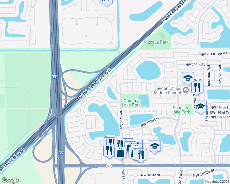 map of restaurants, bars, coffee shops, grocery stores, and more near 19620 Northwest 87th Place in Hialeah
