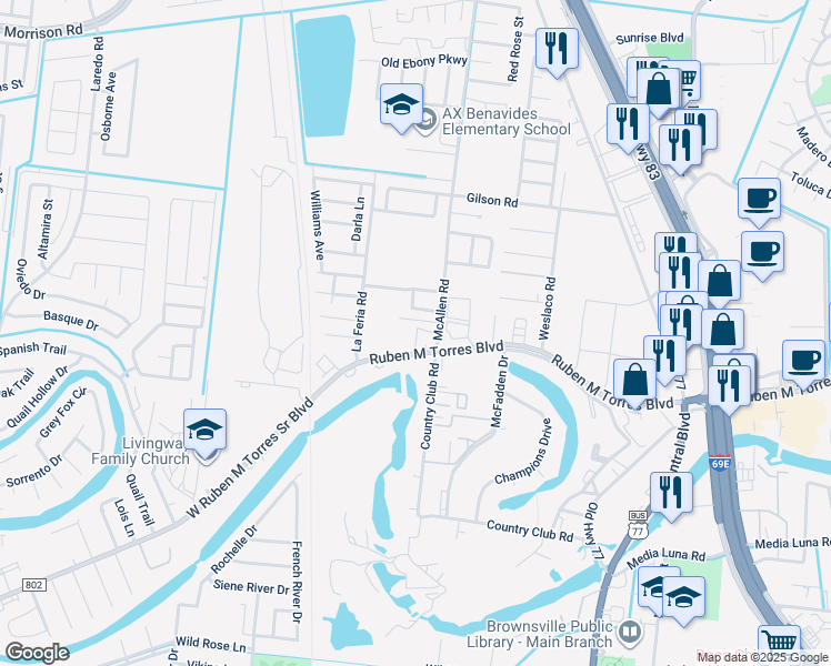 map of restaurants, bars, coffee shops, grocery stores, and more near 175 Fm 802 in Brownsville