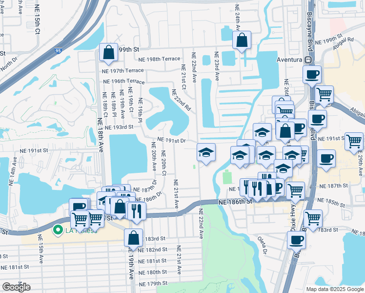map of restaurants, bars, coffee shops, grocery stores, and more near 2121 Northeast 190th Terrace in North Miami Beach