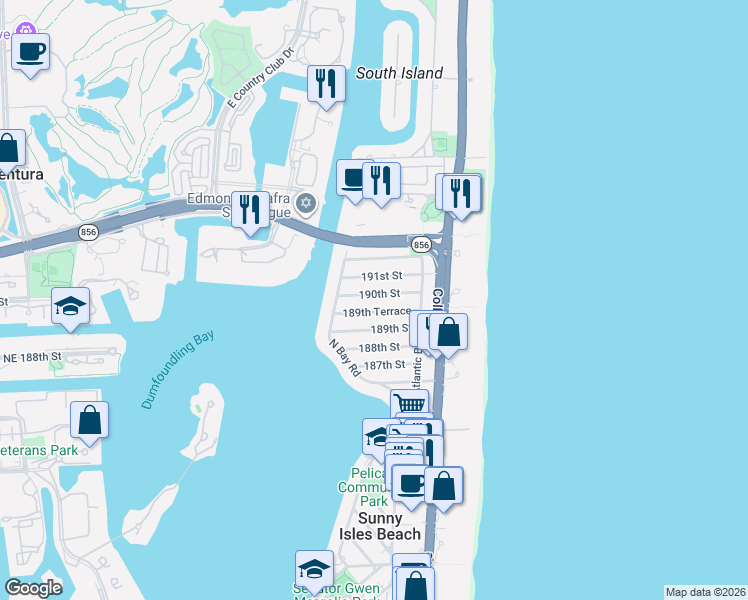 map of restaurants, bars, coffee shops, grocery stores, and more near 310 190th Street in Sunny Isles Beach