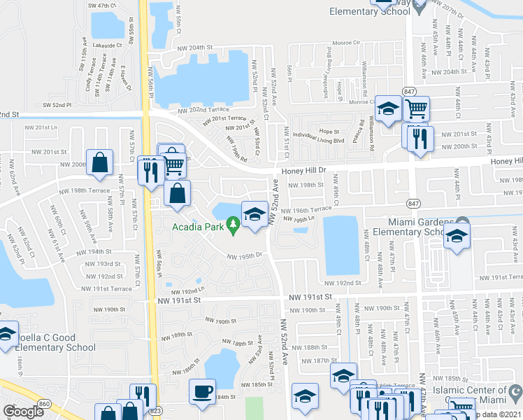 map of restaurants, bars, coffee shops, grocery stores, and more near 5221 Northwest 196th Terrace in Miami Gardens