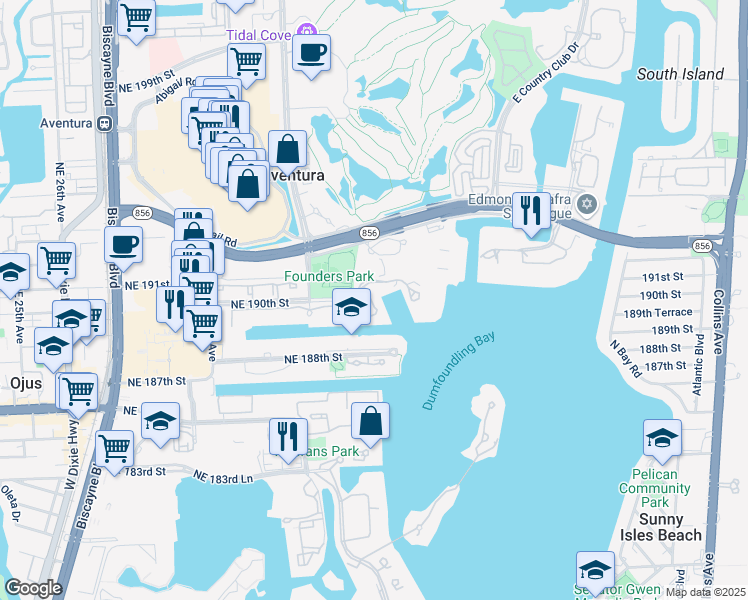 map of restaurants, bars, coffee shops, grocery stores, and more near 3340 Northeast 190th Street in Miami