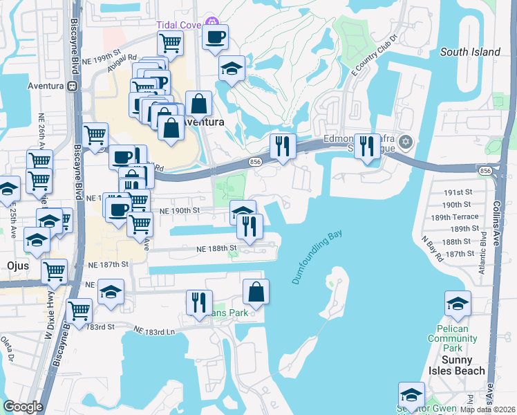 map of restaurants, bars, coffee shops, grocery stores, and more near 3340 Northeast 190th Street in Miami