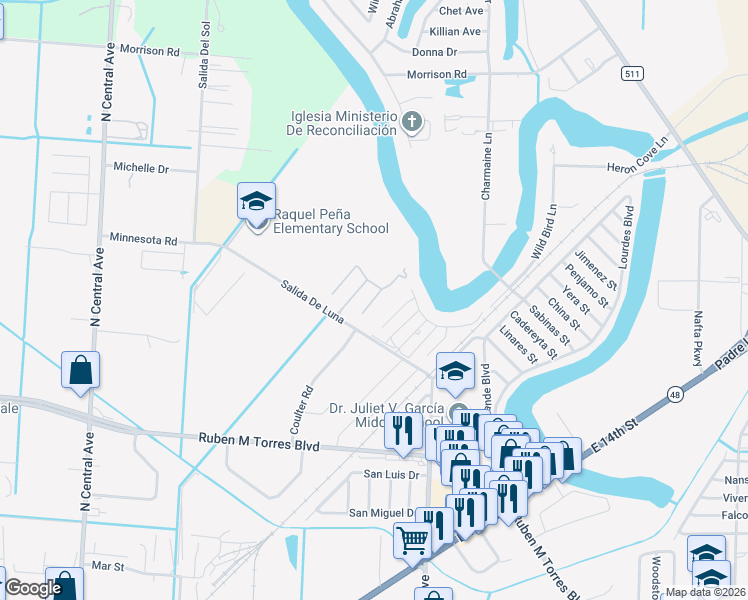 map of restaurants, bars, coffee shops, grocery stores, and more near Key West Court in Brownsville