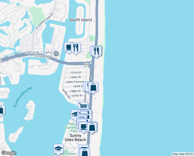 map of restaurants, bars, coffee shops, grocery stores, and more near 18975 Collins Avenue in Sunny Isles Beach