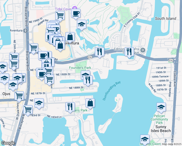 map of restaurants, bars, coffee shops, grocery stores, and more near 3340 Northeast 190th Street in Miami