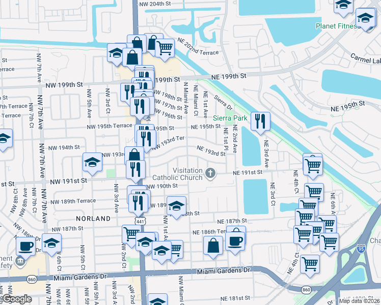 map of restaurants, bars, coffee shops, grocery stores, and more near 55 Northeast 192nd Street in Miami