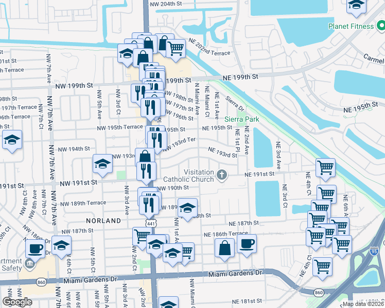 map of restaurants, bars, coffee shops, grocery stores, and more near 15 Northwest 192nd Street in Miami
