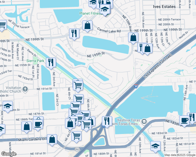 map of restaurants, bars, coffee shops, grocery stores, and more near 673 Northeast 191st Terrace in Miami
