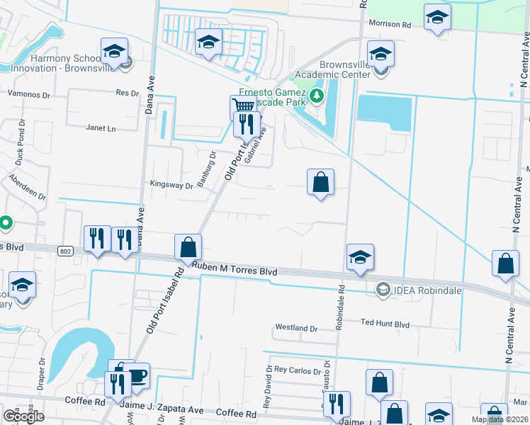 map of restaurants, bars, coffee shops, grocery stores, and more near 2644 Old Port Isabel Road in Brownsville