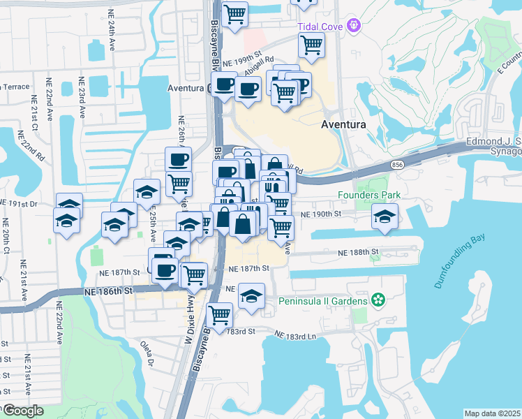 map of restaurants, bars, coffee shops, grocery stores, and more near 19084 Northeast 29th Avenue in Aventura