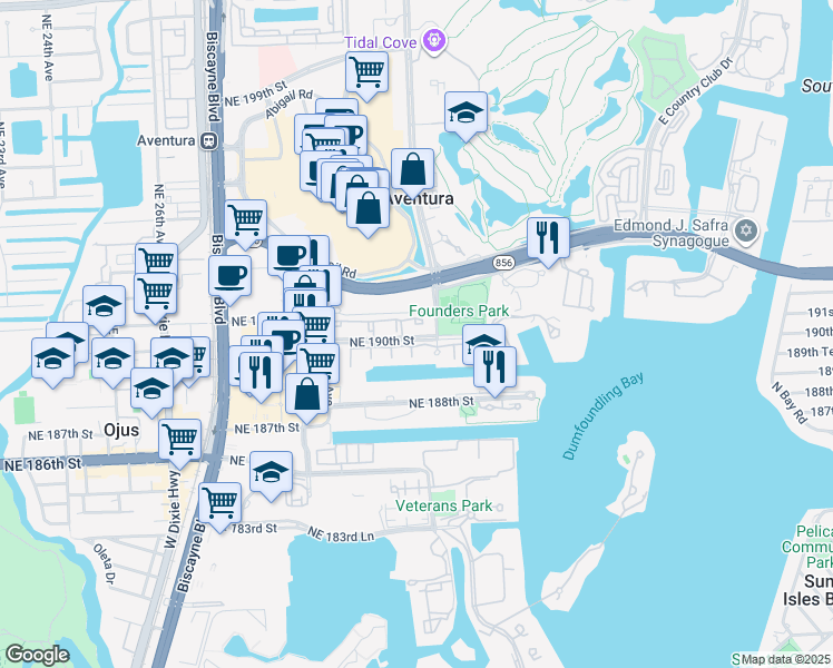 map of restaurants, bars, coffee shops, grocery stores, and more near 3055 Northeast 190th Street in Aventura