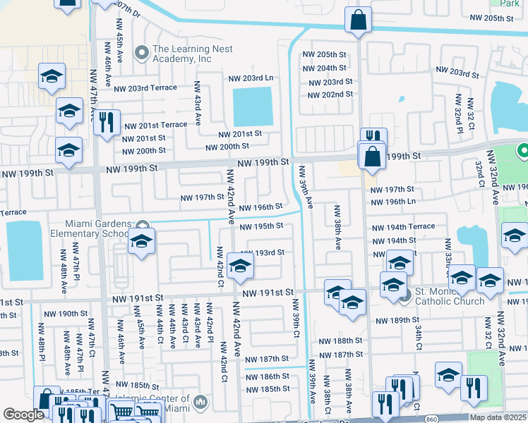 map of restaurants, bars, coffee shops, grocery stores, and more near 4000 Northwest 196th Street in Miami Gardens