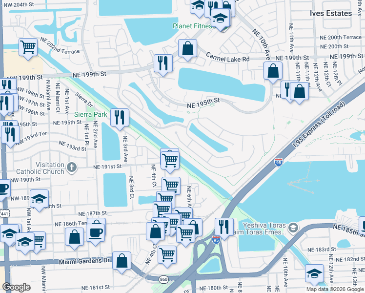 map of restaurants, bars, coffee shops, grocery stores, and more near 616 Northeast 191st Street in Miami