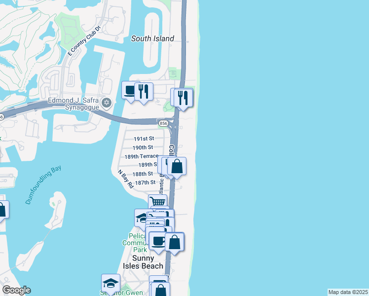 map of restaurants, bars, coffee shops, grocery stores, and more near 18975 Collins Avenue in Sunny Isles Beach