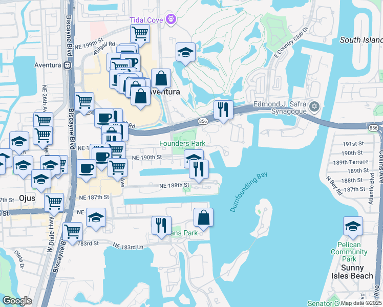 map of restaurants, bars, coffee shops, grocery stores, and more near 3340 Northeast 190th Street in Miami