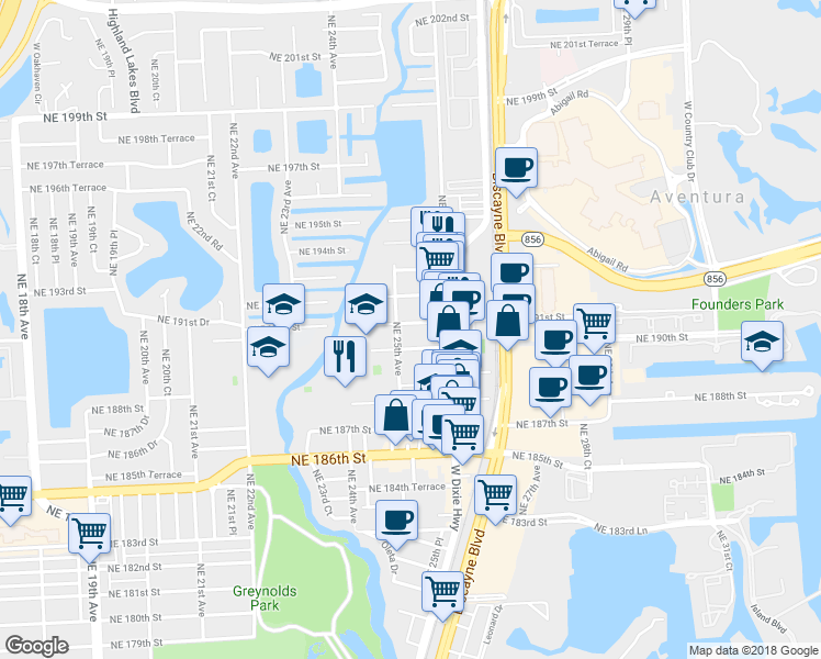 map of restaurants, bars, coffee shops, grocery stores, and more near 19003 Northeast 25th Avenue in Miami
