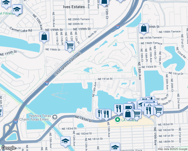 map of restaurants, bars, coffee shops, grocery stores, and more near 1351 Northeast 191st Street in North Miami Beach