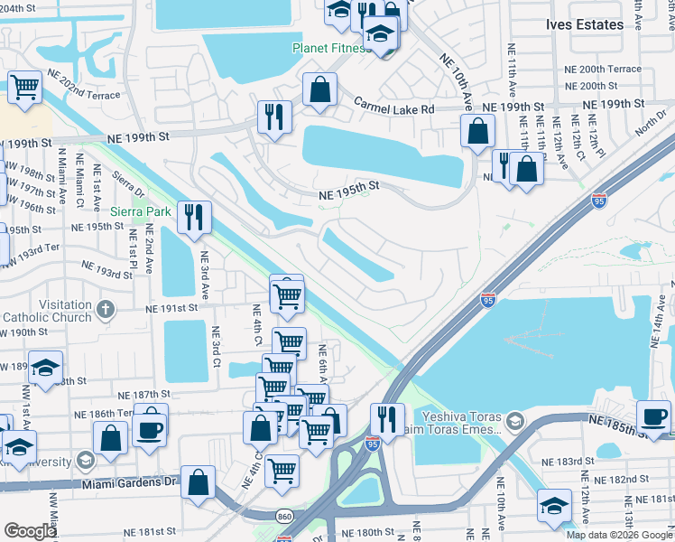 map of restaurants, bars, coffee shops, grocery stores, and more near 657 Northeast 191st Street in Miami