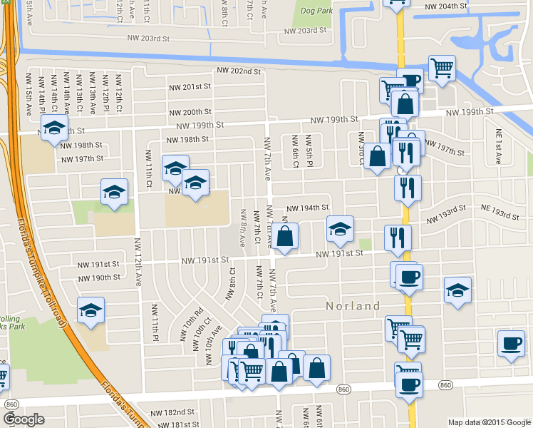 map of restaurants, bars, coffee shops, grocery stores, and more near 19300 Northwest 7th Avenue in Miami