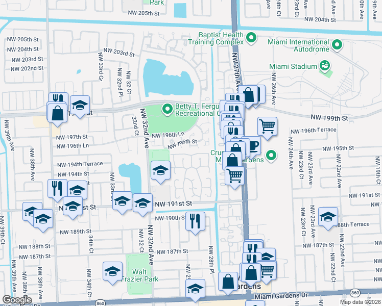 map of restaurants, bars, coffee shops, grocery stores, and more near 19473 Northwest 29th Court in Miami Gardens