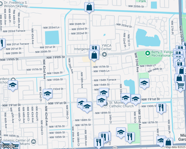 map of restaurants, bars, coffee shops, grocery stores, and more near 19510 Northwest 37th Avenue in Miami Gardens