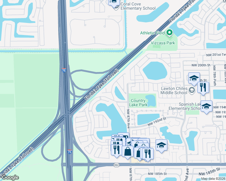 map of restaurants, bars, coffee shops, grocery stores, and more near 19561 Northwest 88th Avenue in Hialeah