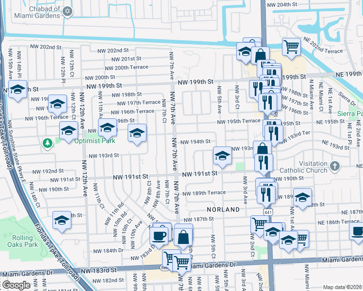 map of restaurants, bars, coffee shops, grocery stores, and more near 19330 Northwest 6th Court in Miami