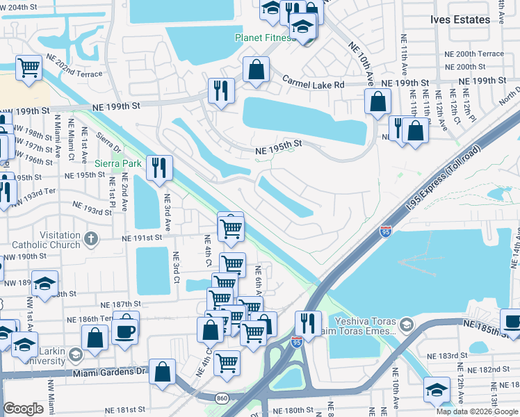 map of restaurants, bars, coffee shops, grocery stores, and more near 641 Northeast 191st Street in Miami
