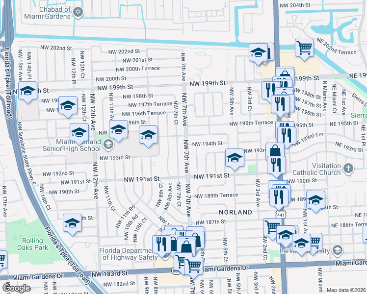 map of restaurants, bars, coffee shops, grocery stores, and more near 19320 Northwest 7th Avenue in Miami