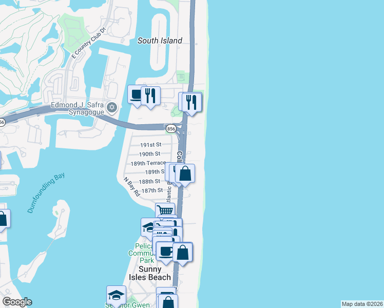 map of restaurants, bars, coffee shops, grocery stores, and more near 18975 Collins Avenue in Sunny Isles Beach