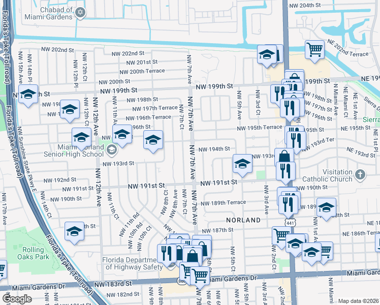 map of restaurants, bars, coffee shops, grocery stores, and more near 19300 Northwest 7th Avenue in Miami