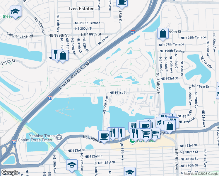 map of restaurants, bars, coffee shops, grocery stores, and more near 1401 Northeast 191st Street in Miami