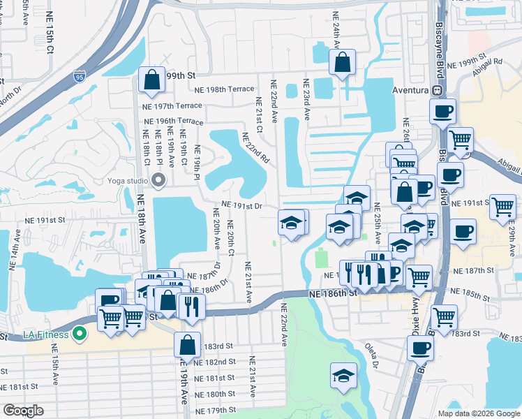 map of restaurants, bars, coffee shops, grocery stores, and more near 2121 Northeast 190th Terrace in North Miami Beach