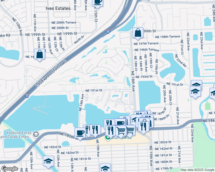 map of restaurants, bars, coffee shops, grocery stores, and more near 1601 Northeast 191st Street in North Miami Beach