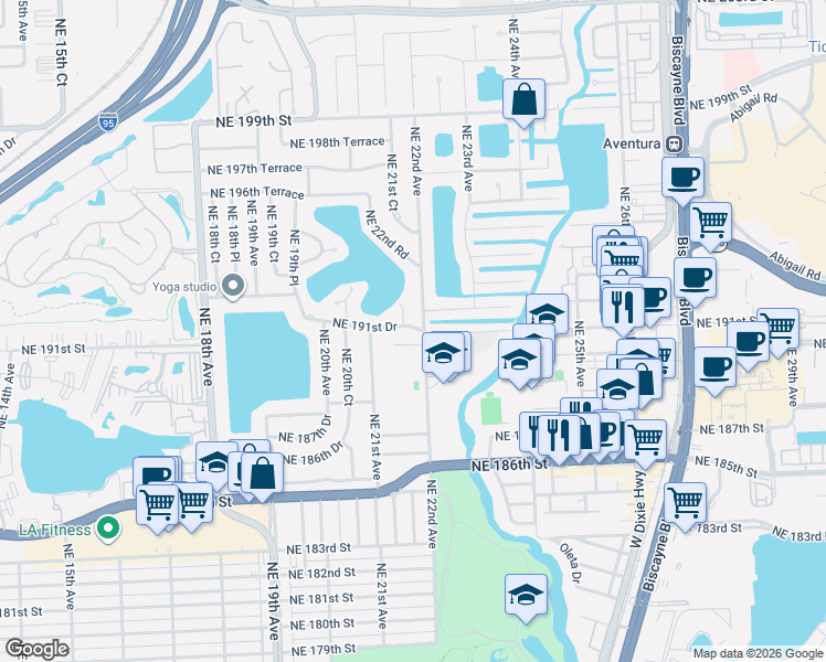 map of restaurants, bars, coffee shops, grocery stores, and more near 2181 Northeast 190th Terrace in North Miami Beach