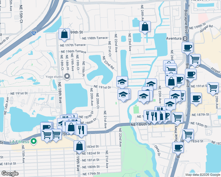 map of restaurants, bars, coffee shops, grocery stores, and more near 2121 Northeast 190th Terrace in North Miami Beach