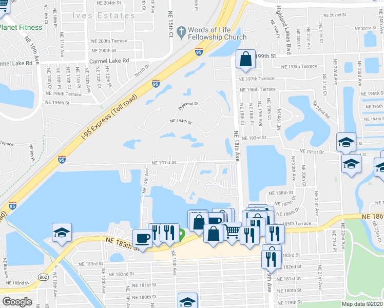 map of restaurants, bars, coffee shops, grocery stores, and more near 1601 Northeast 191st Street in North Miami Beach