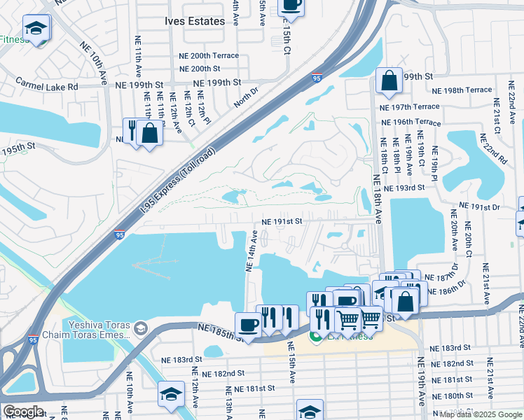 map of restaurants, bars, coffee shops, grocery stores, and more near 1401 Northeast 191st Street in Miami