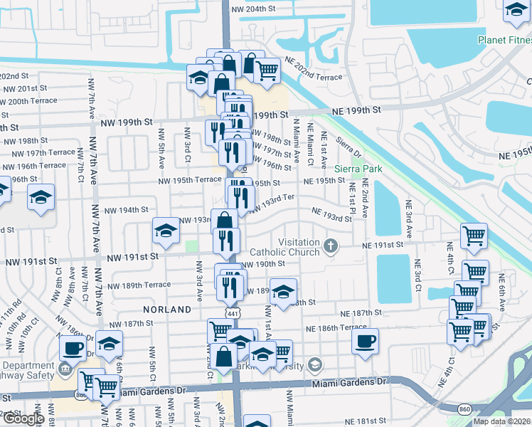 map of restaurants, bars, coffee shops, grocery stores, and more near 120 Northwest 193rd Street in Miami